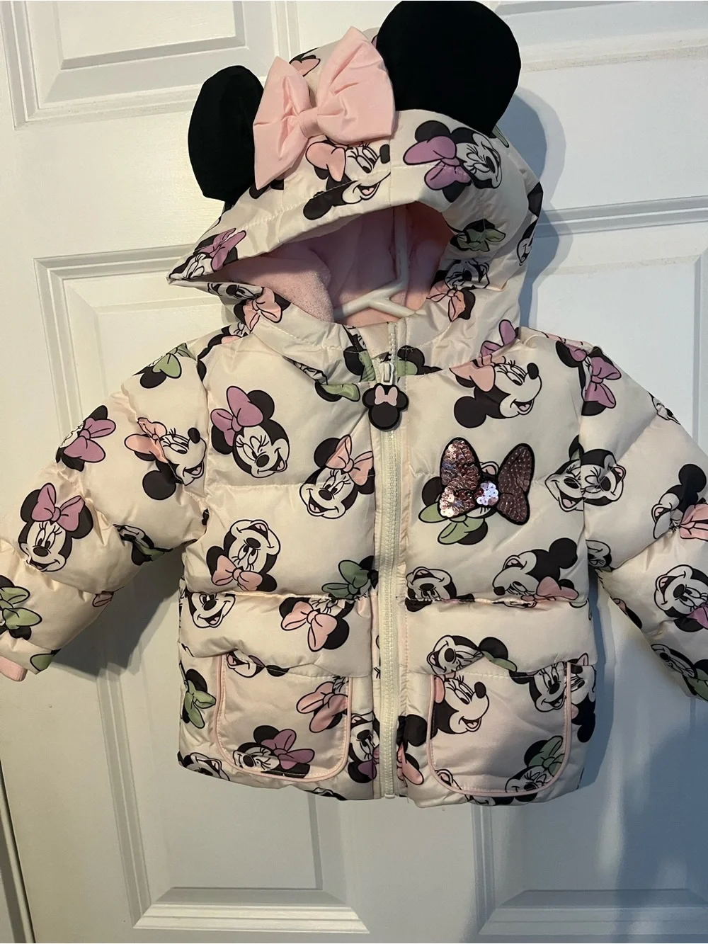 Disney Minnie Mouse Pink & Cream Puffer Jacket with Ears size 2t